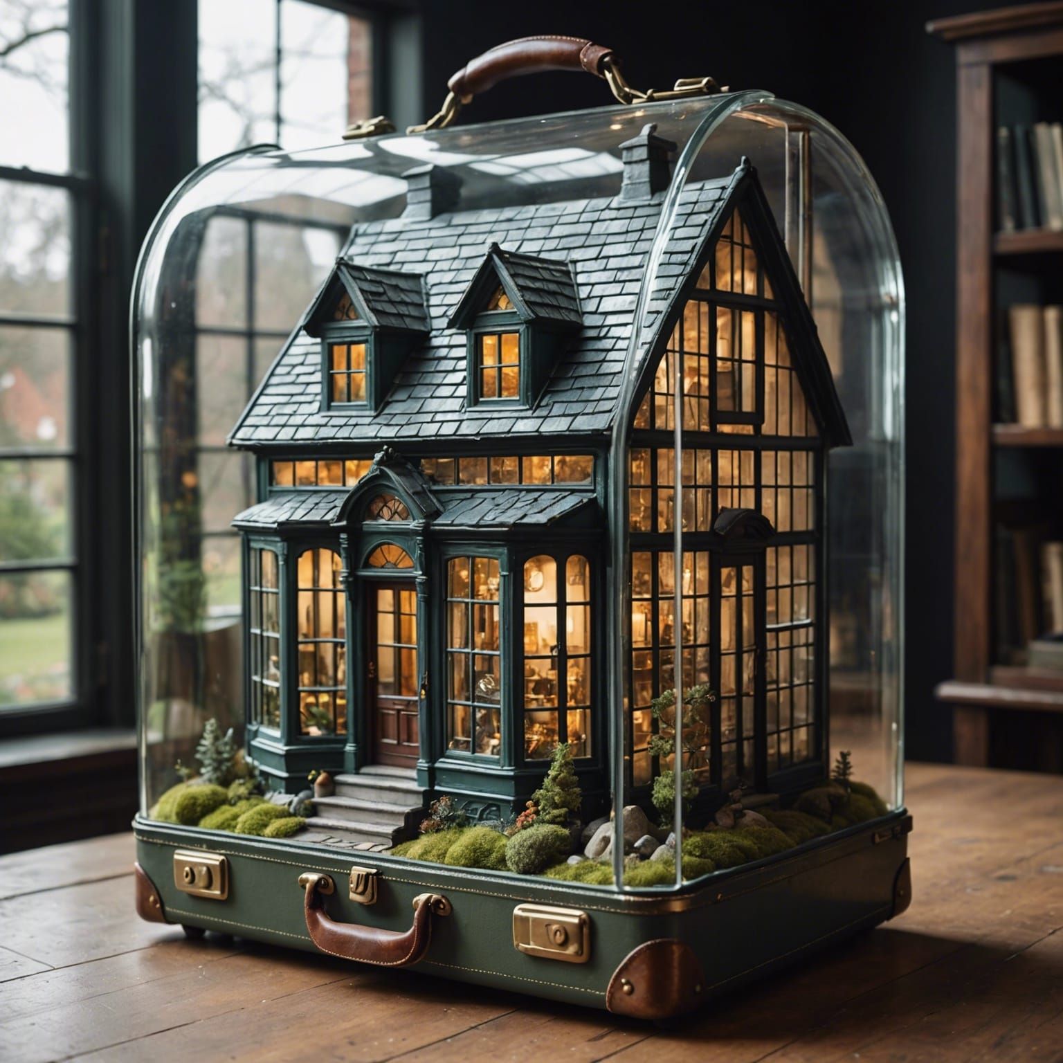 Miniature House Inside Glass Suitcase