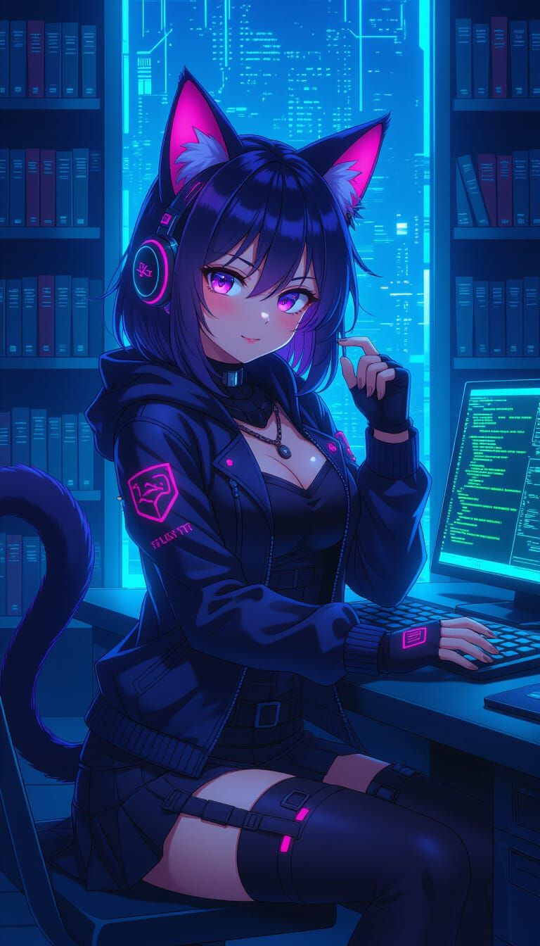 Cyberpunk Catgirl Hacking in Futuristic Library