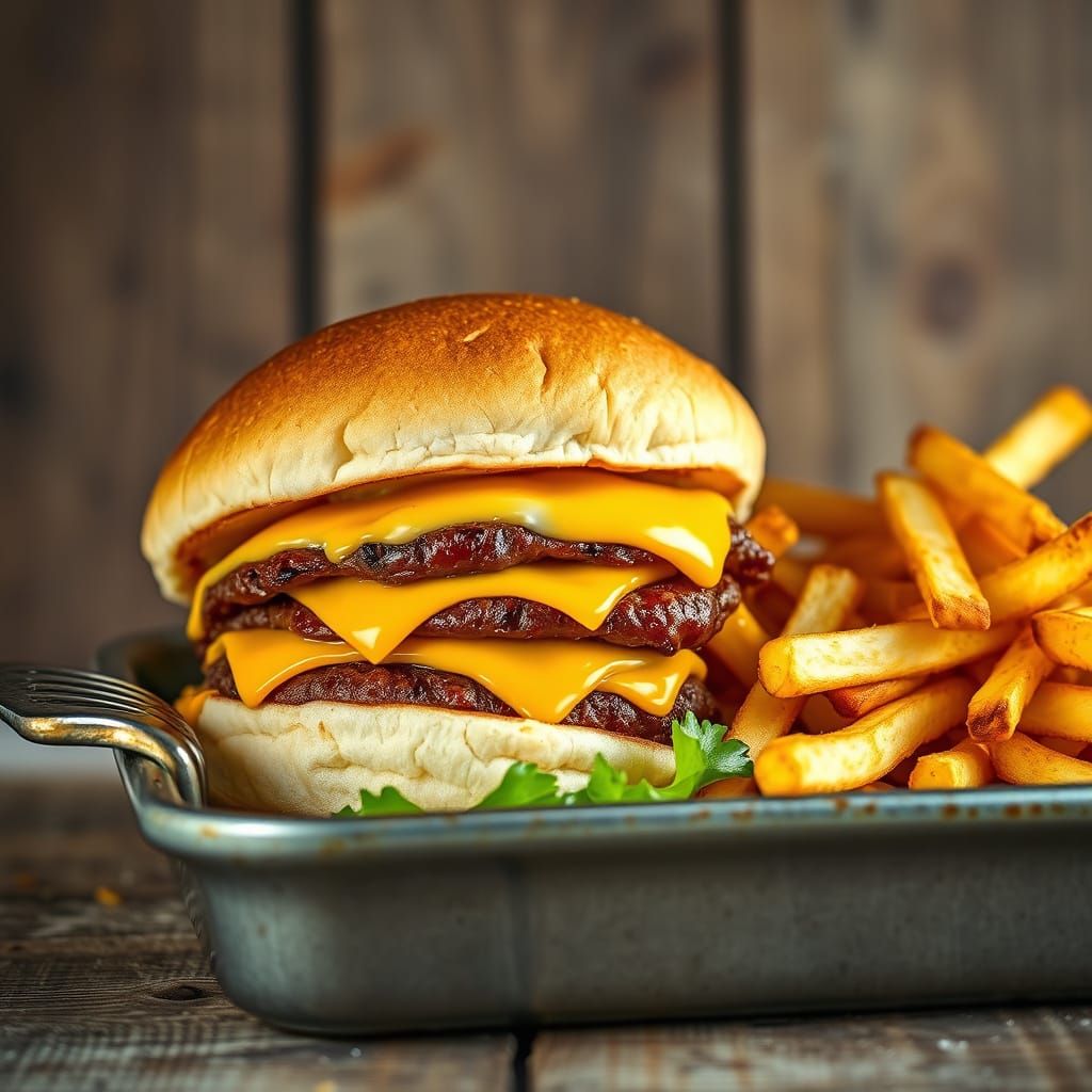 Juicy Cheeseburger and Fries Still Life