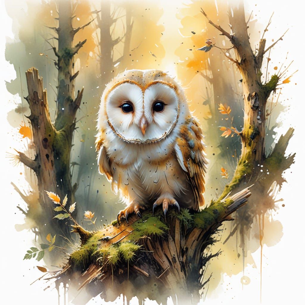 Fluffy Barn Owl Chick in Golden Hour Light