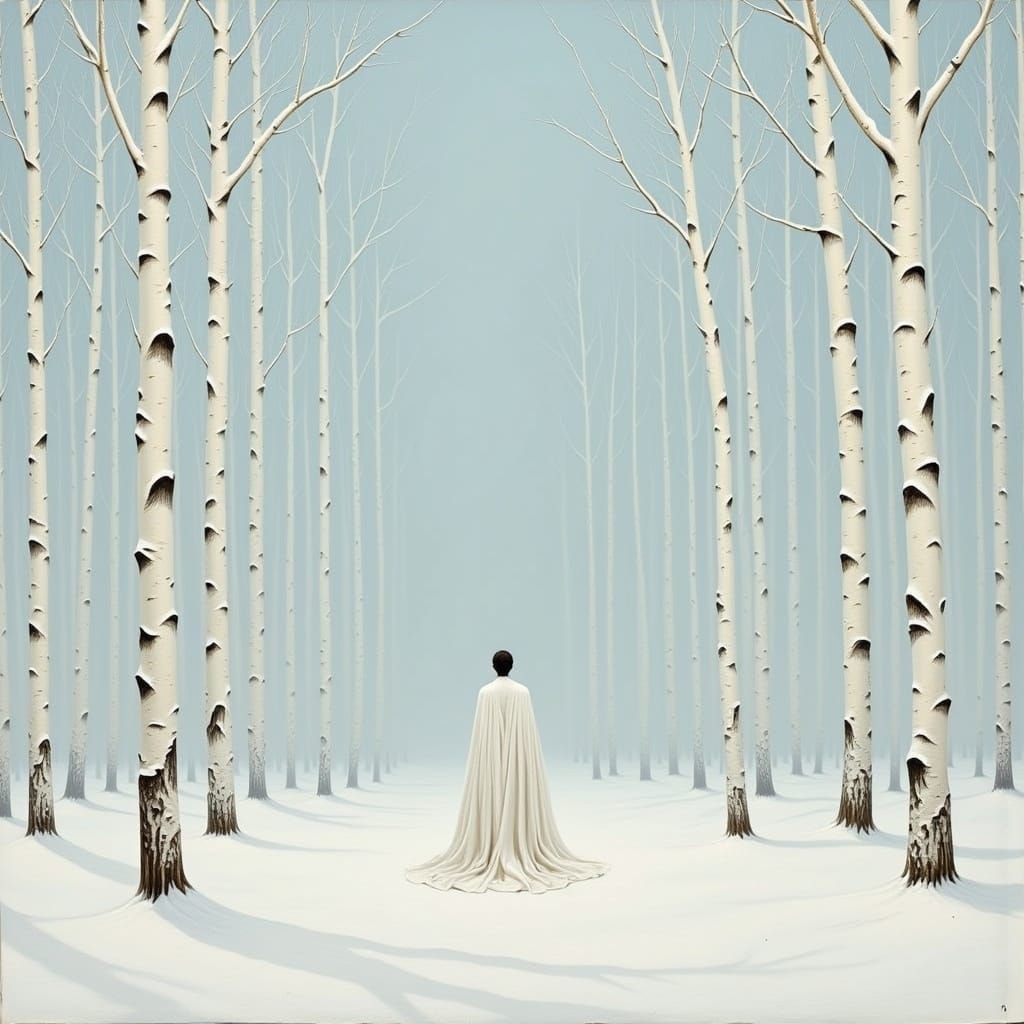 Serene Figure in White Landscape, Atmospheric Realism