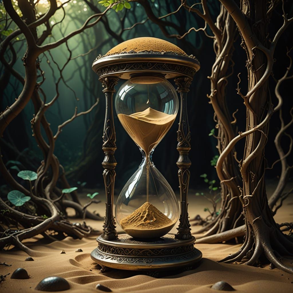 Surreal, Dreamlike Hourglass Scene with Twisted Roots and Vi...