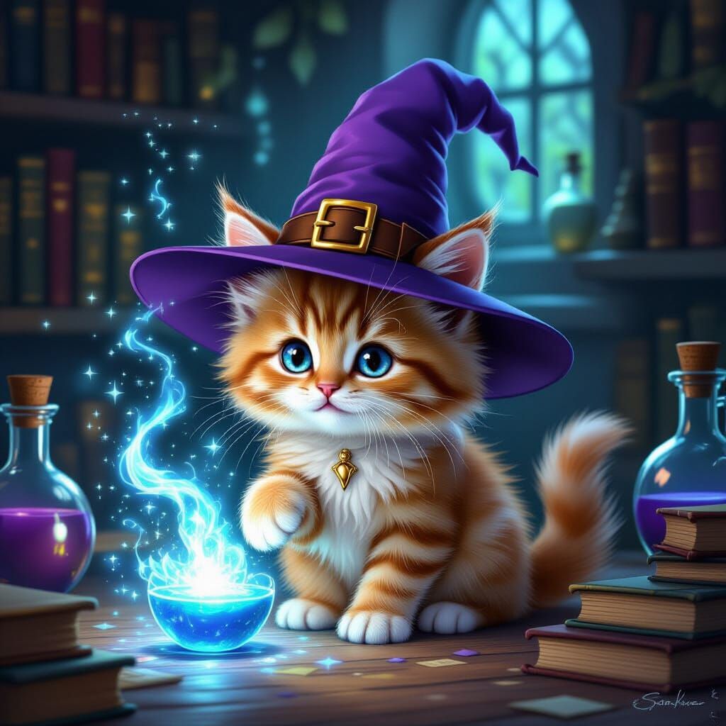 Cute Ginger Kitten Conjures Magic in Cozy Room