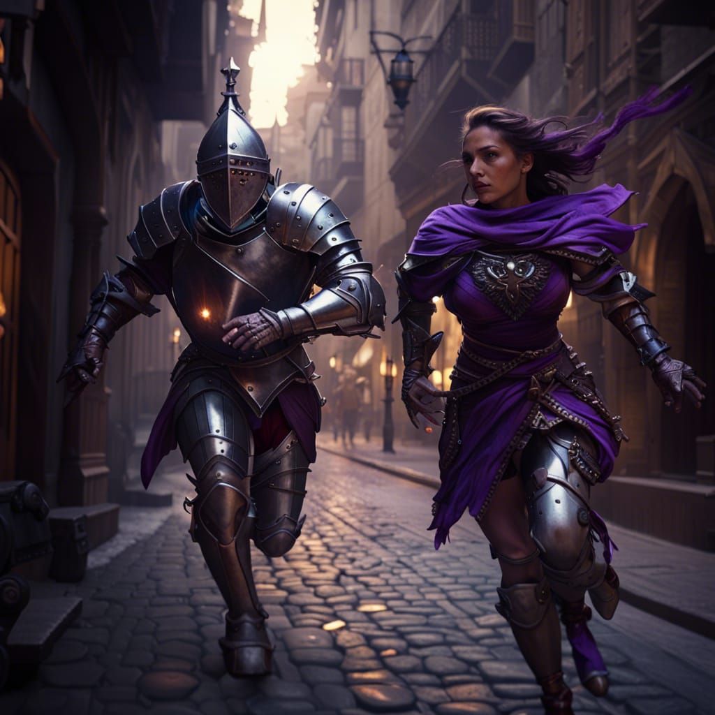 Frightened Knight and Warrior Run Through City