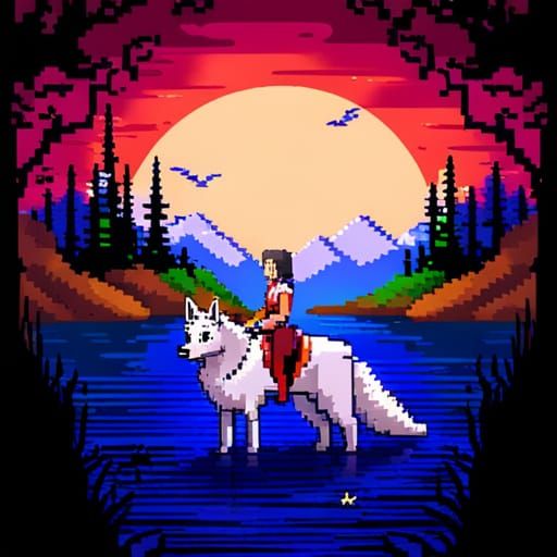 Pixel Art Princess Mononoke in Enchanted Forest