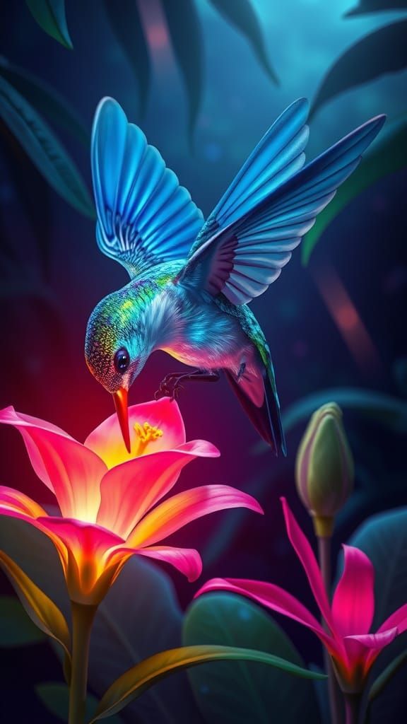 Bioluminescent Hummingbird in Jungle Clearing, Surreal Art