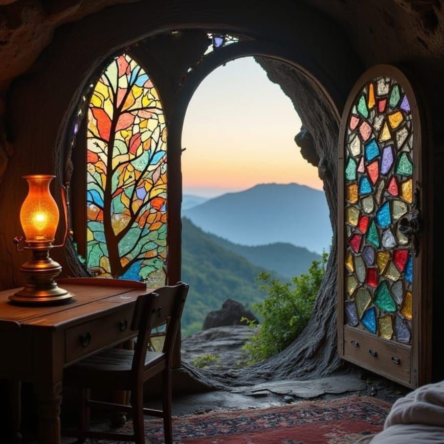 Cozy Volcanic Cave with Woven Branch Window and Setting Sun