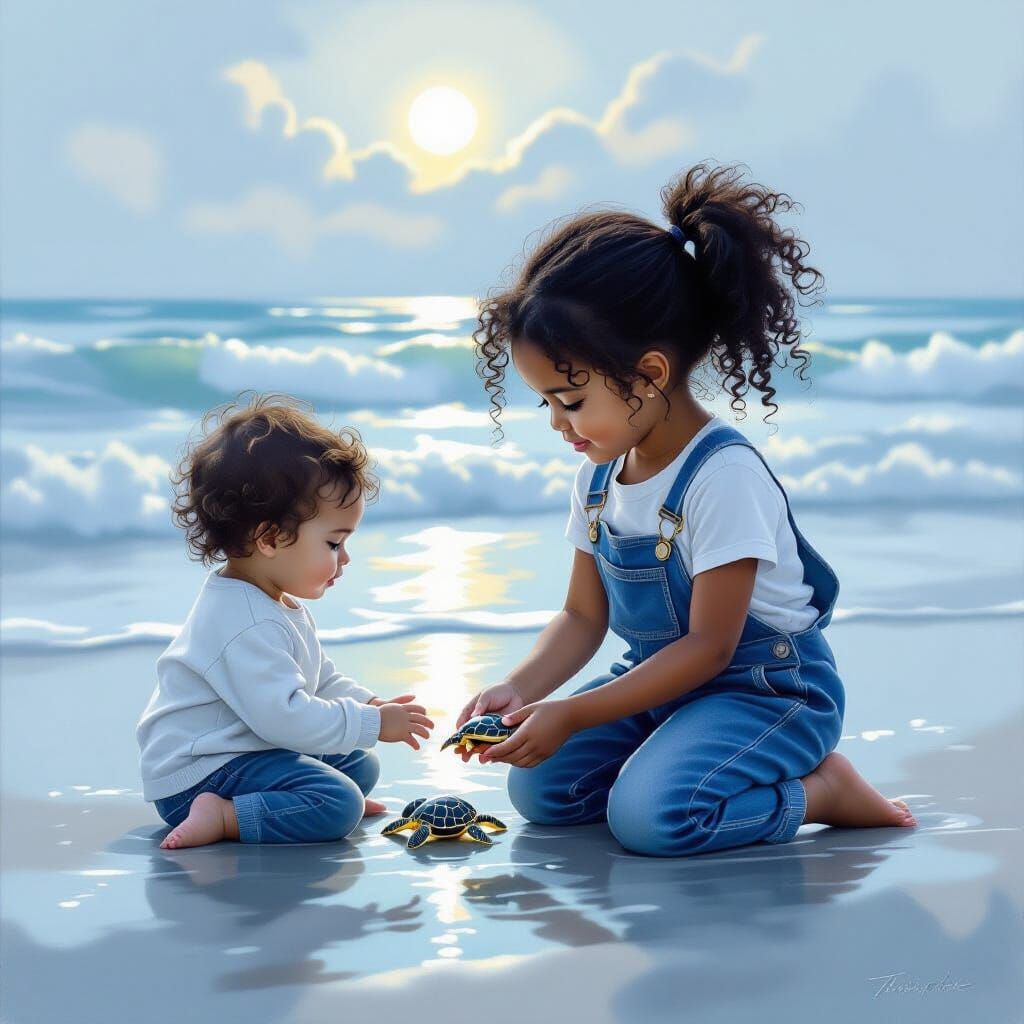Children Releasing Sea Turtles at Dawn