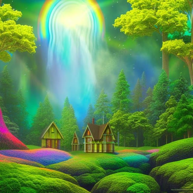 Fairy Town in Oak Forest: Holographic Astral Illustration
