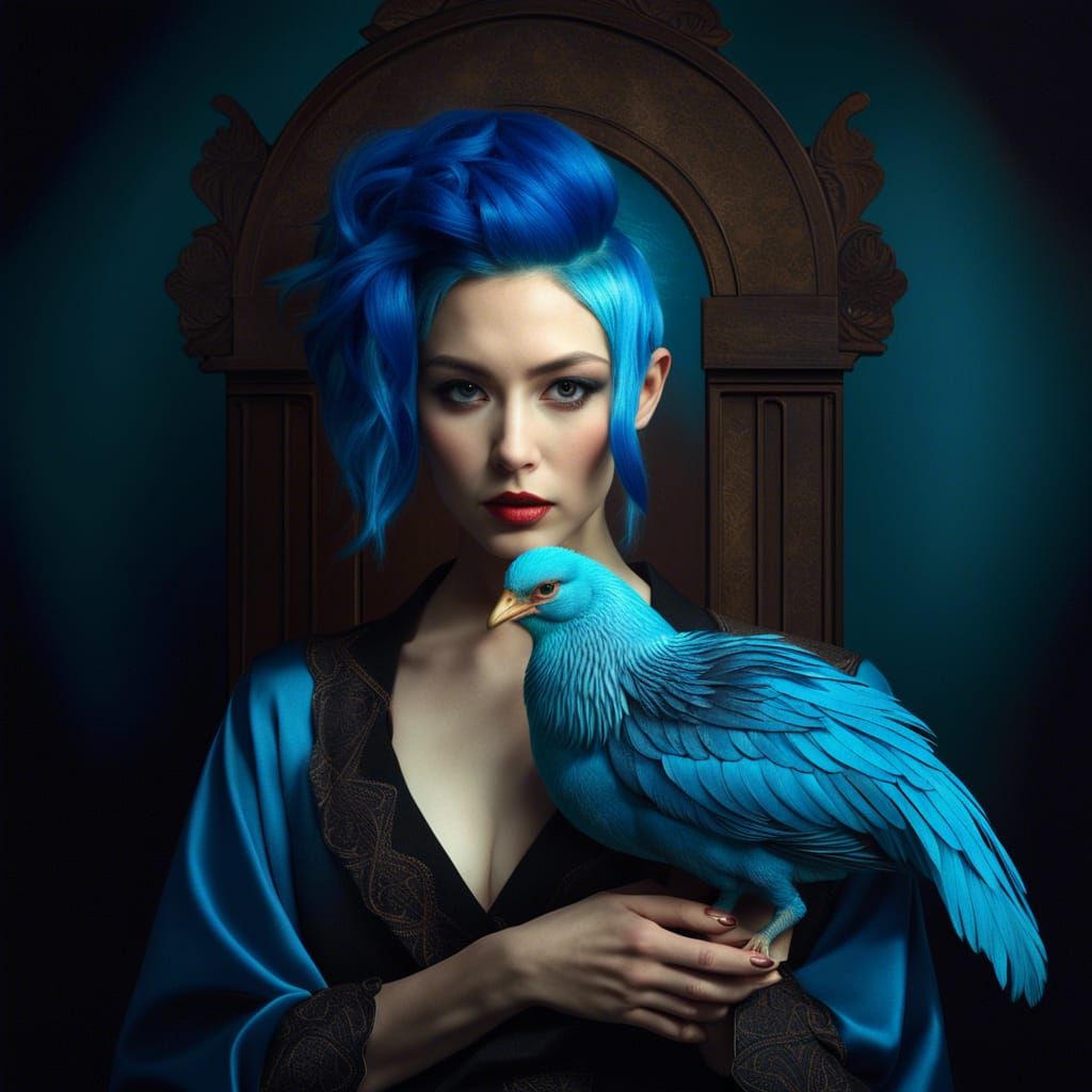 Blue-Haired Woman with Chicken in Japanese Gothic Style