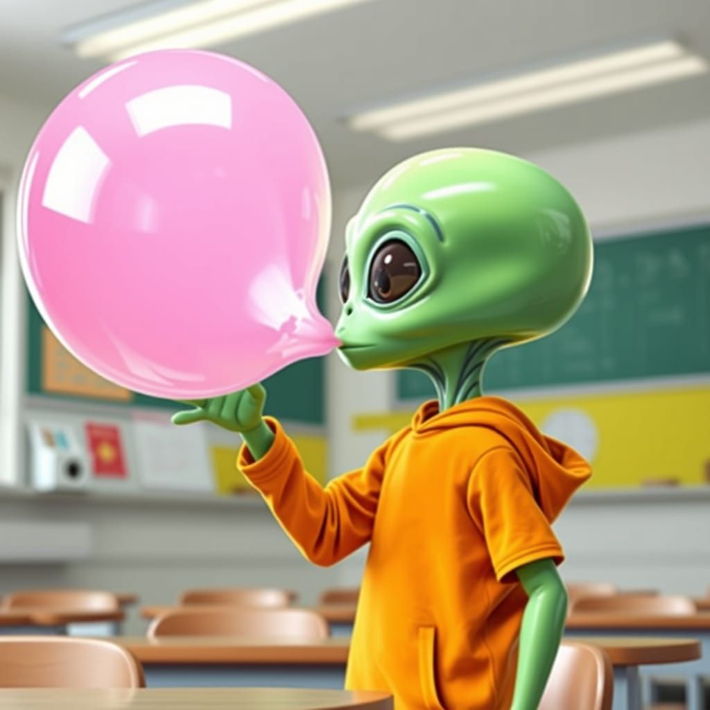 Alien's Giant Bubblegum Bubble in a Whimsical Classroom Scen...