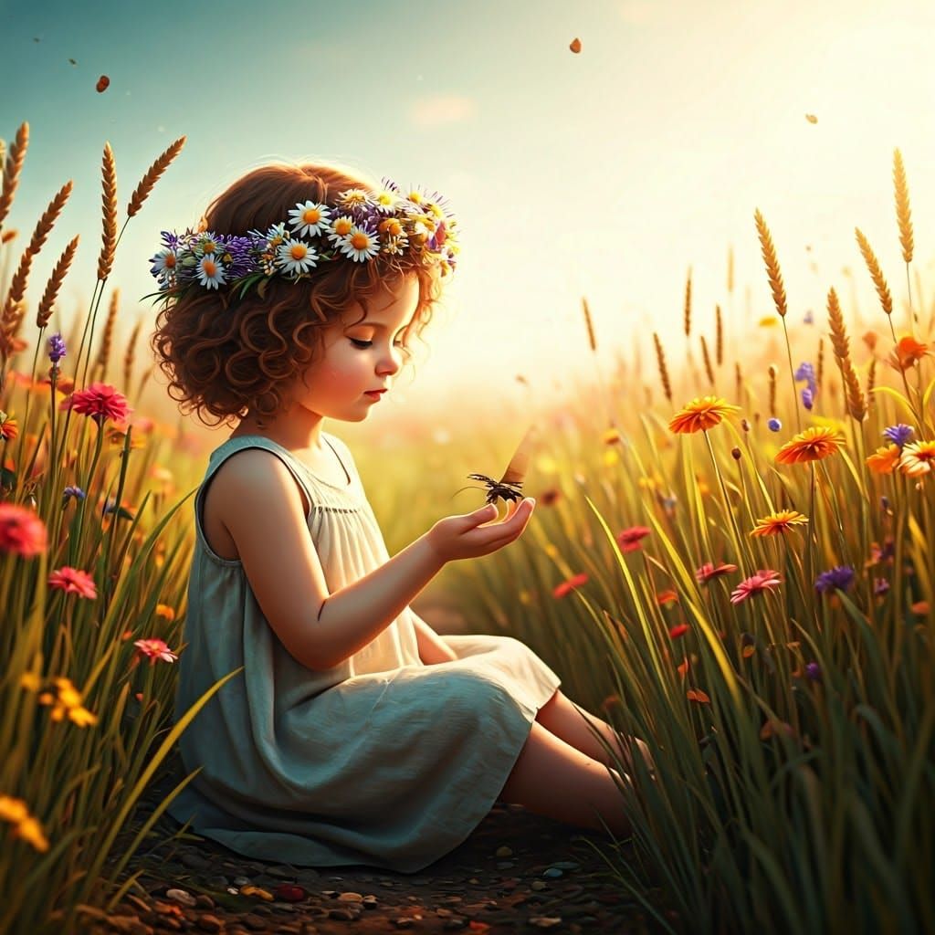 Girl in Flower Meadow with Moths, Fantasy Concept Art