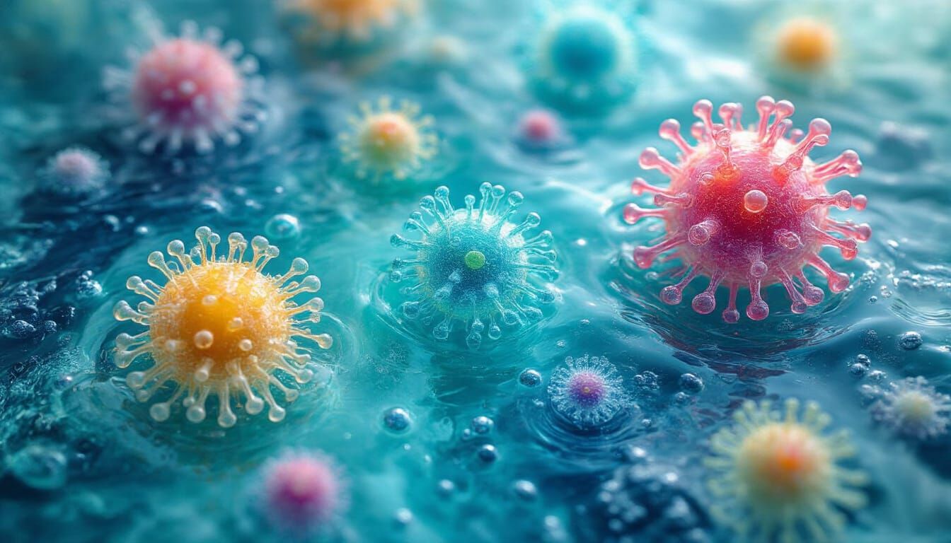 Microscopic World: Colorful Viruses in Turquoise Water