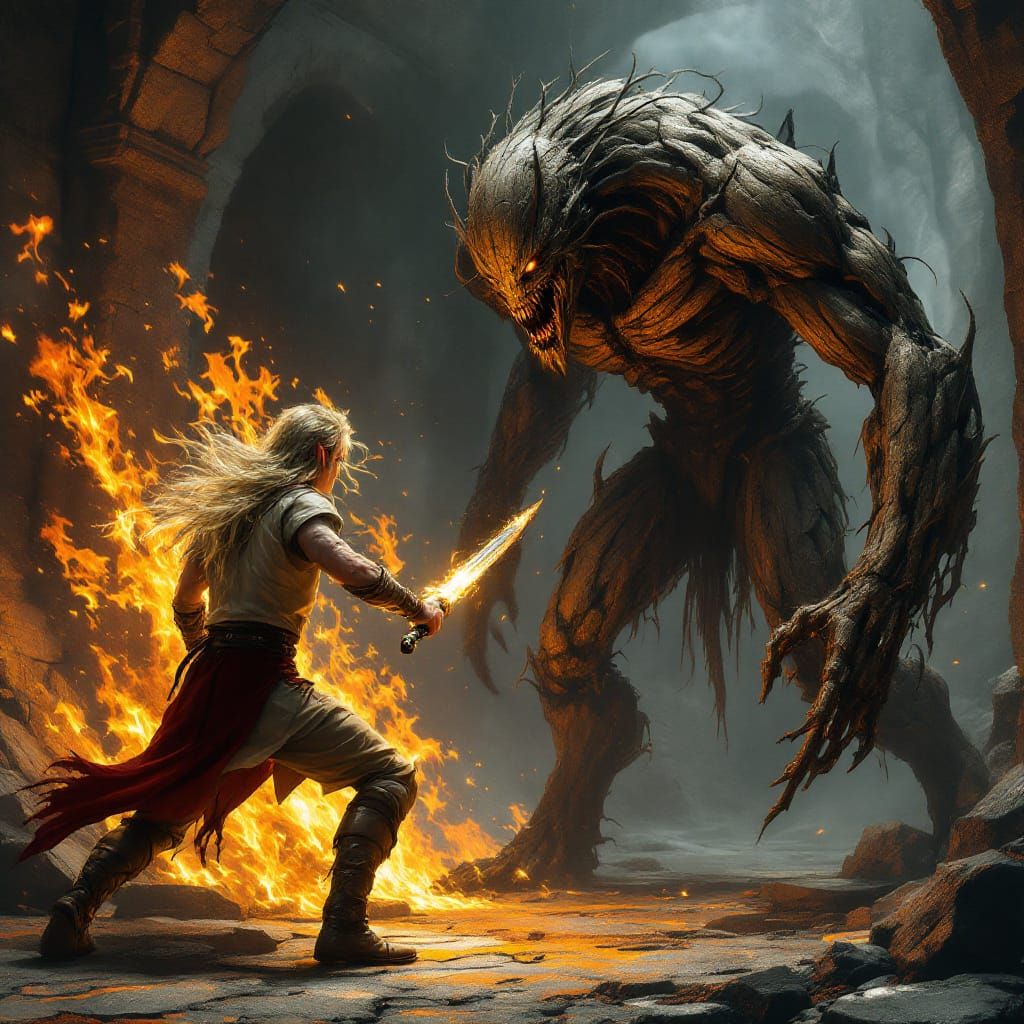 Elf Warrior Battles Wooden Golem with Flaming Sword