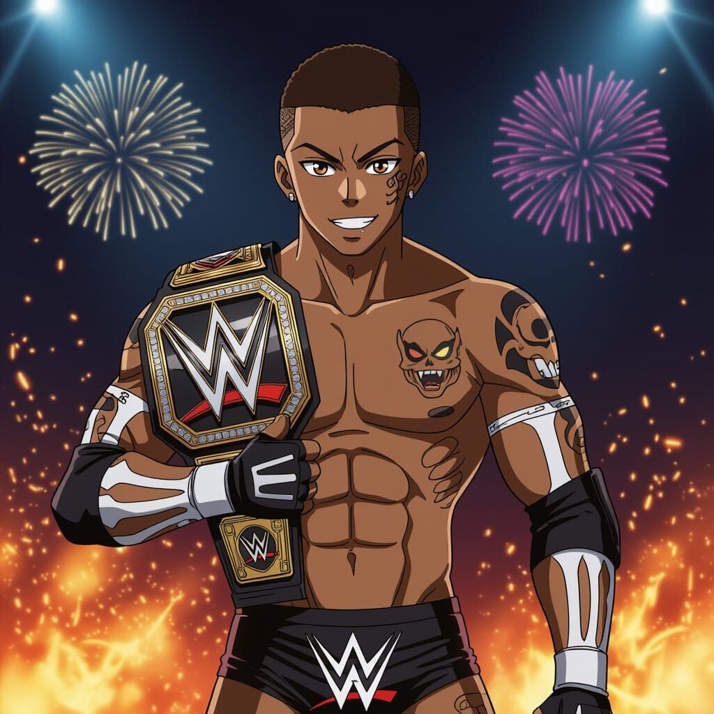 Anime Wrestler with Skeleton Tattoos and WWE Belt
