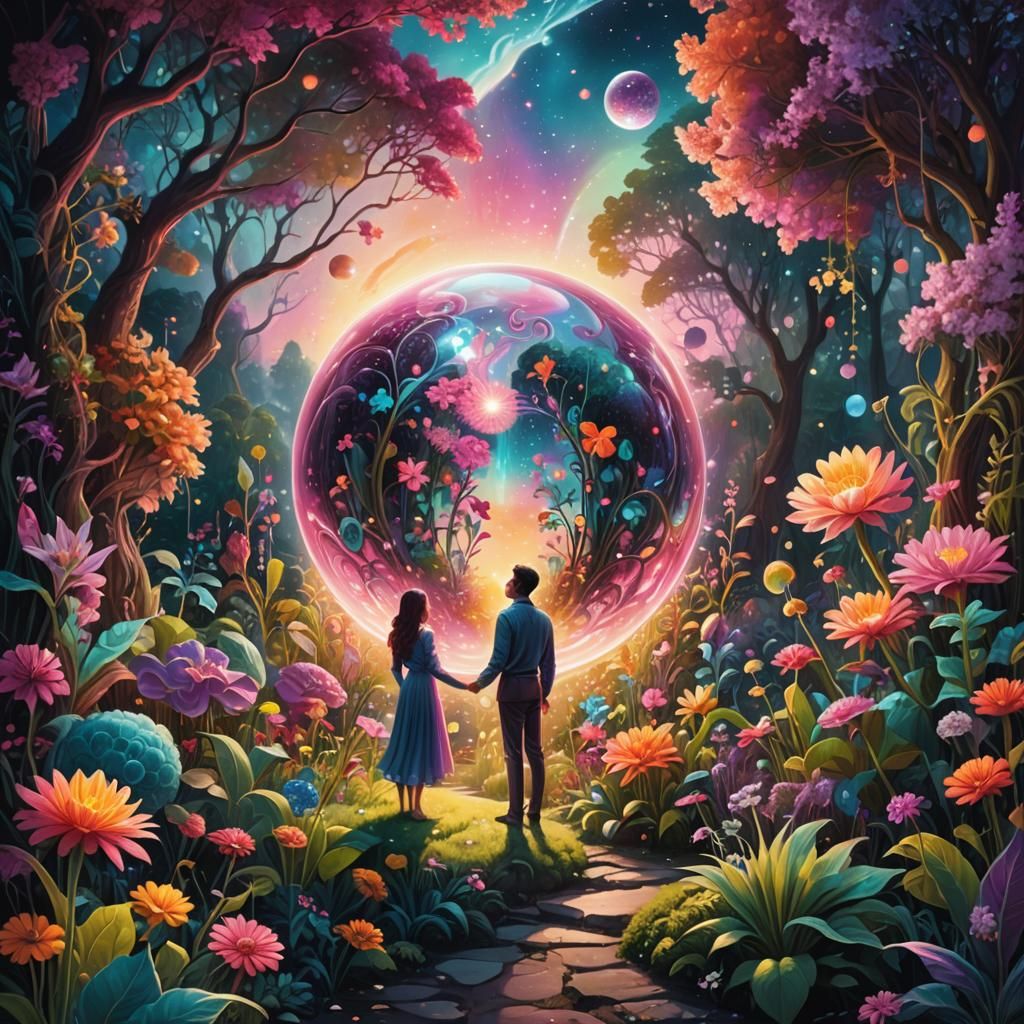 Cosmic Dreamscape: Figure Gazing into Crystal Ball