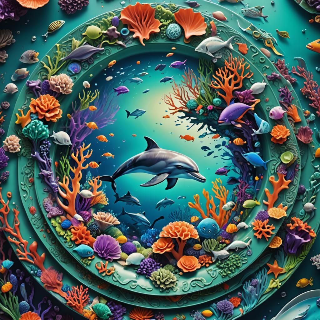 Underwater Dolphin Scene on Dinner Plate