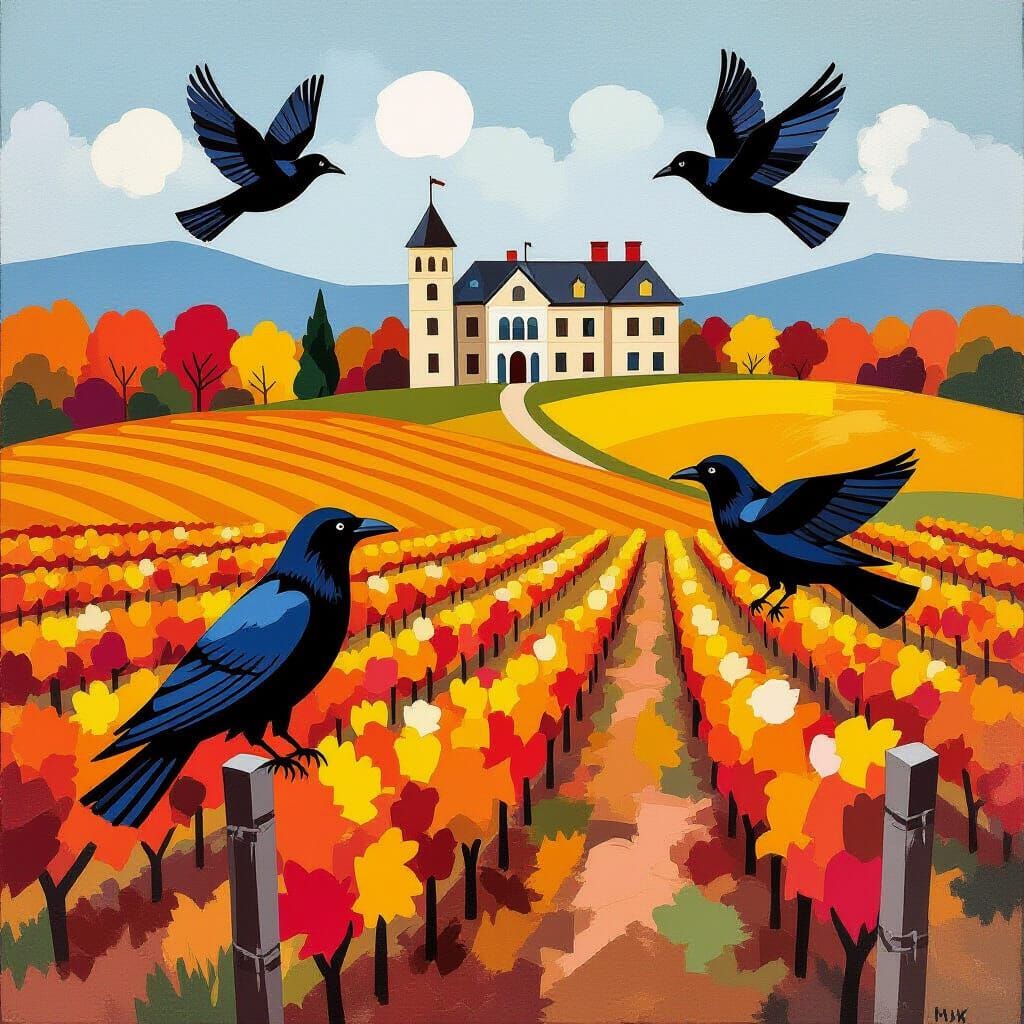 Autumn Vineyard with Ravens and Mansion, Rothko Style