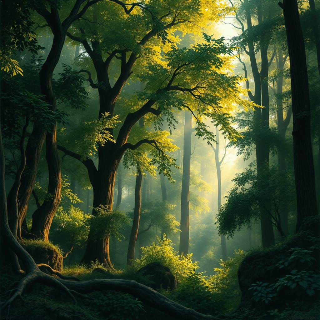 Serene Forest Landscape in Impressionist Style