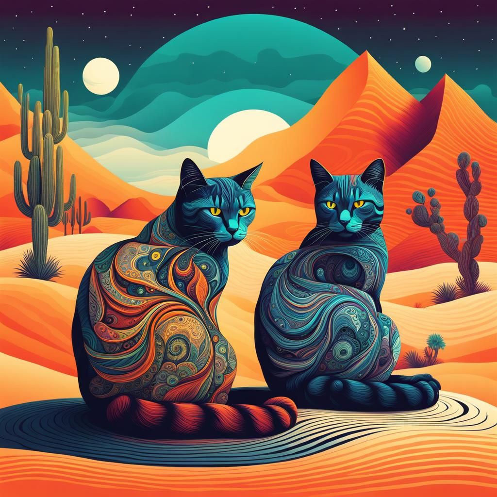 Meditating Cats in Desert, Surreal Flat Illustration