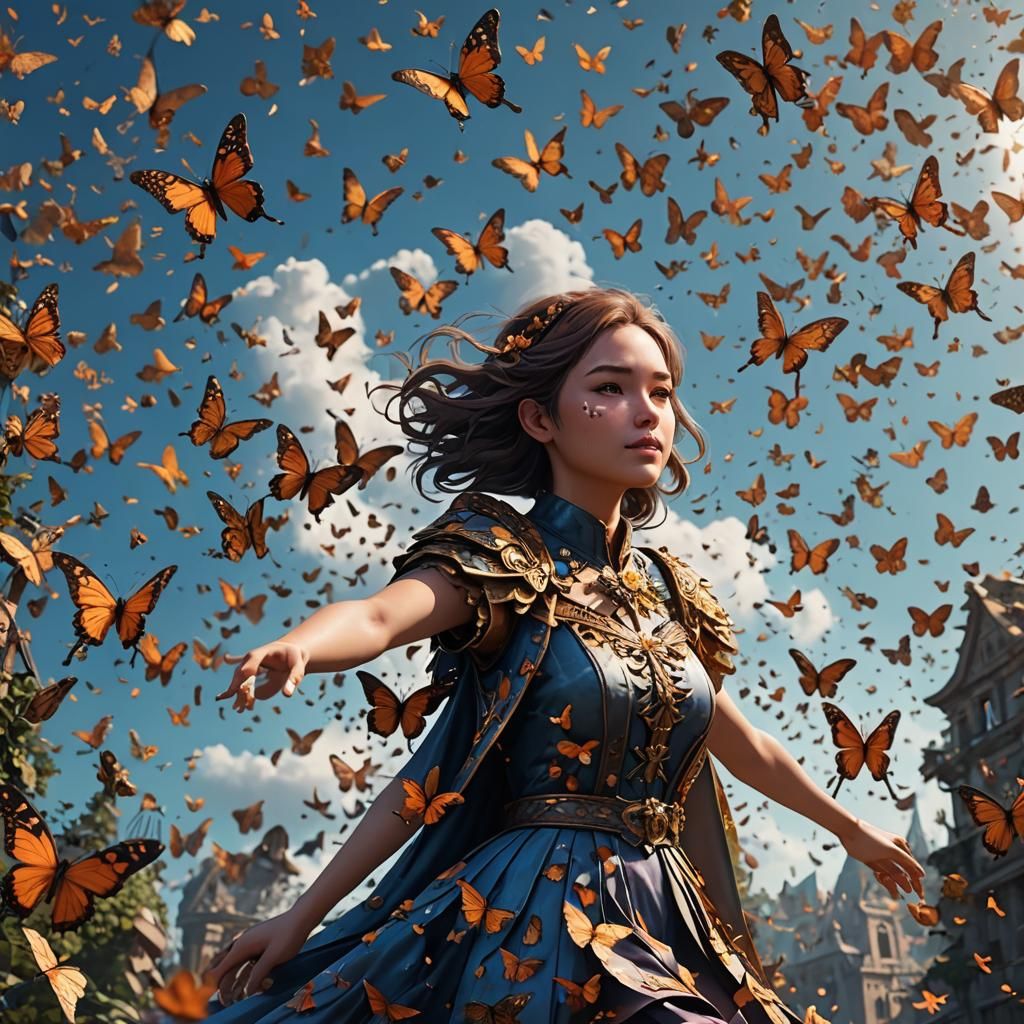 Girl Flying in Butterfly Sky: Detailed Matte Painting