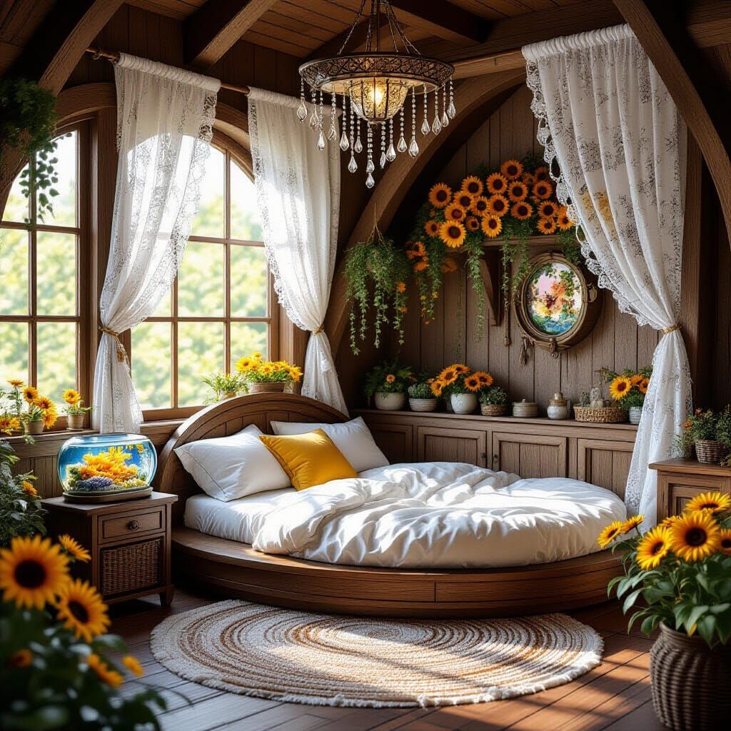 Whimsical Study Room with Round Bed and Crystals