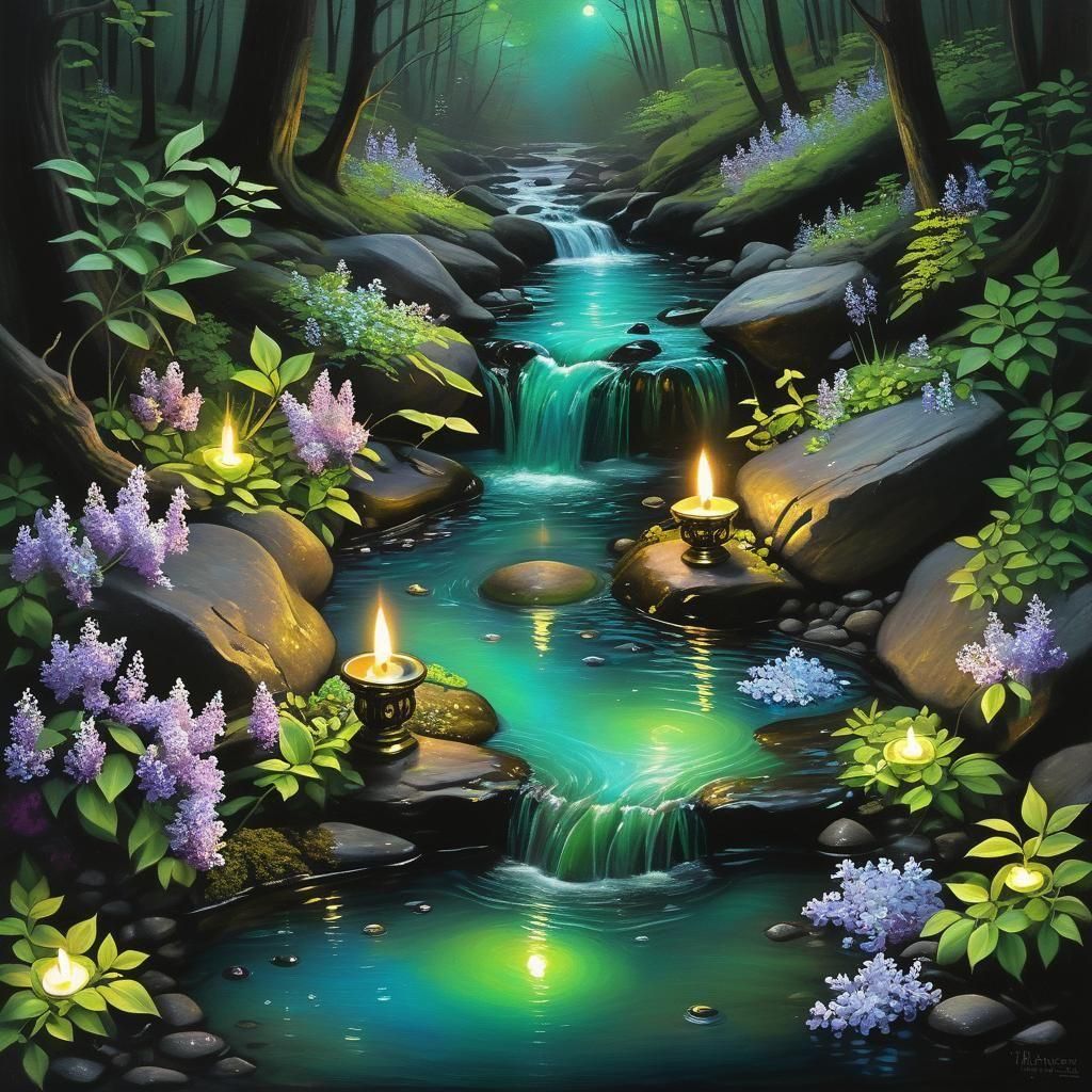 Bioluminescent Creek Illuminated by Green Candles