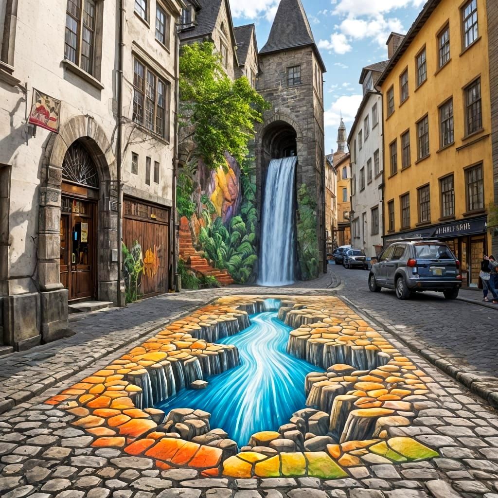 Vibrant 3D Graffiti Waterfall Illusion on Medieval Street