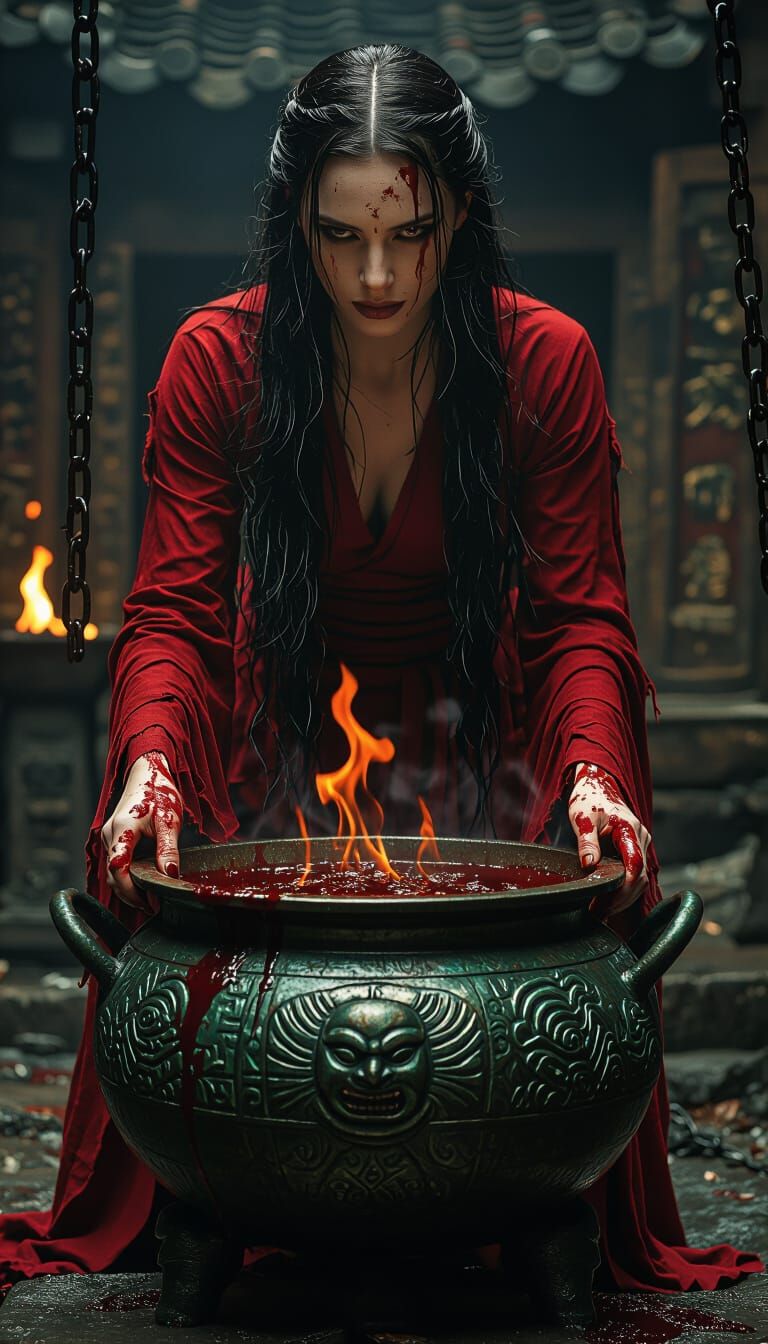 Woman Above Cauldron in Dark Fantasy Style