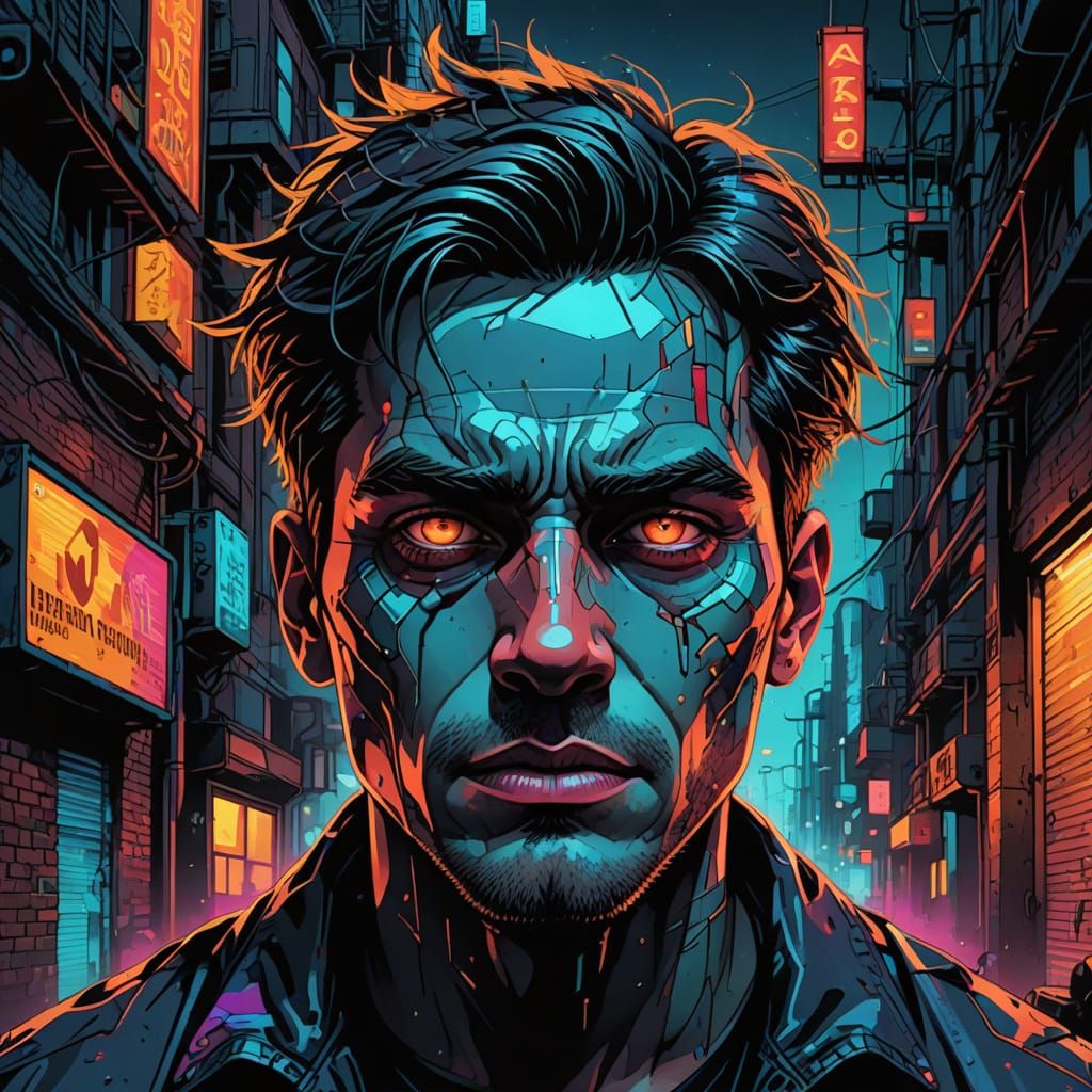 Cartoon Face in Industrial Cityscape, Digital Art