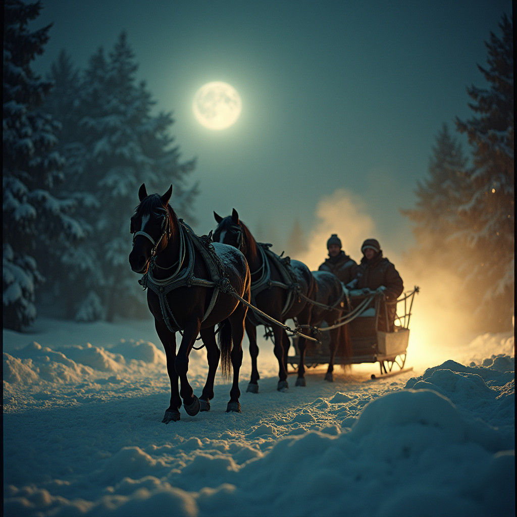Nostalgic Winter Sleigh Ride Under Moonlight