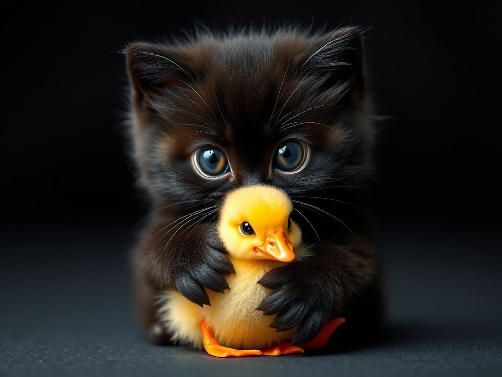 Hyper-Realistic Kitten and Duckling in Tender Hug