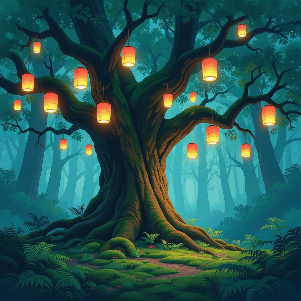 Glowing Lanterns Adorn Ancient Tree: Art Nouveau