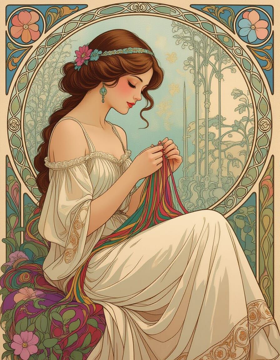 Woman Knits Body from Colorful Yarn in Art Nouveau Style