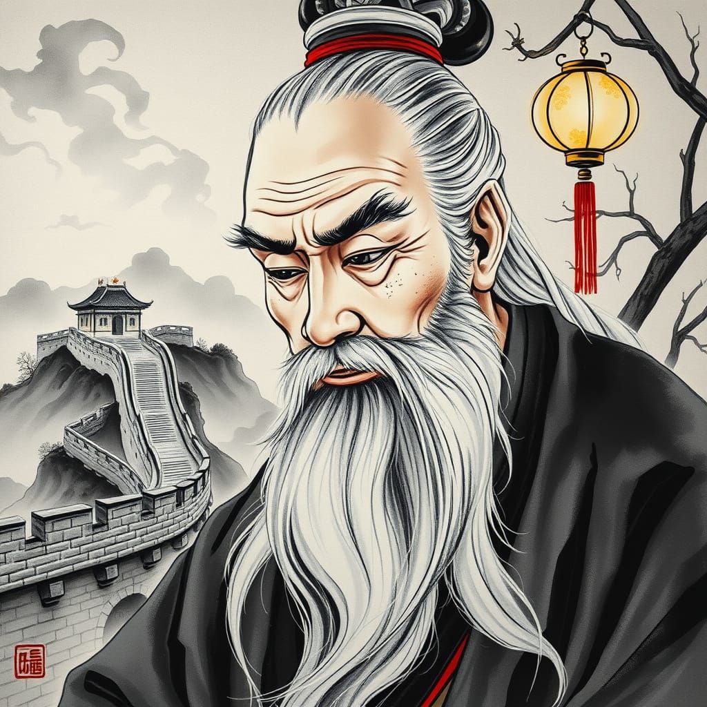 Ancient Chinese Sage Portrait in Ethereal Ink Style