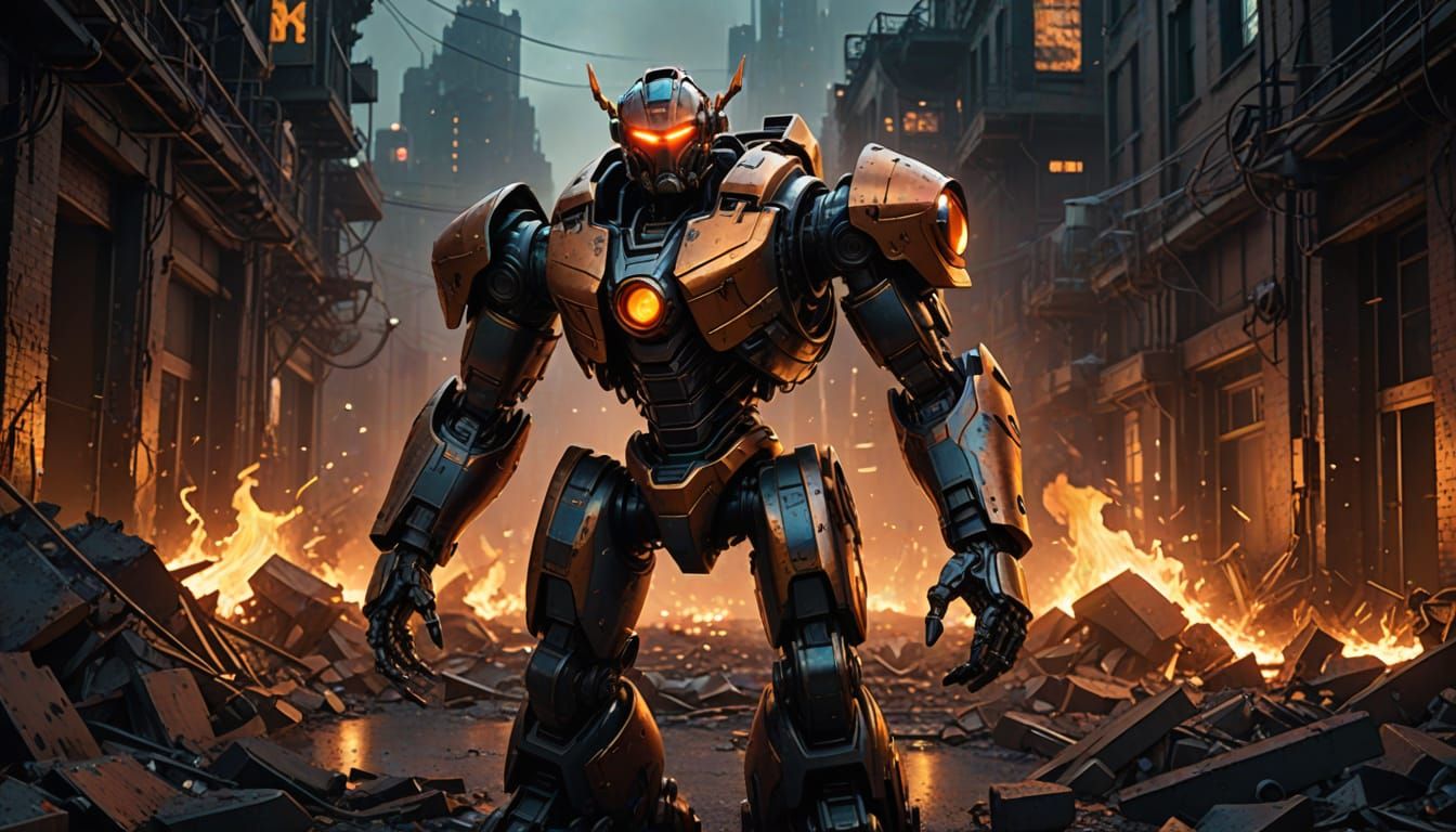 Heroic Robot Warrior in Fiery Ruins - Cyberpunk Concept Art