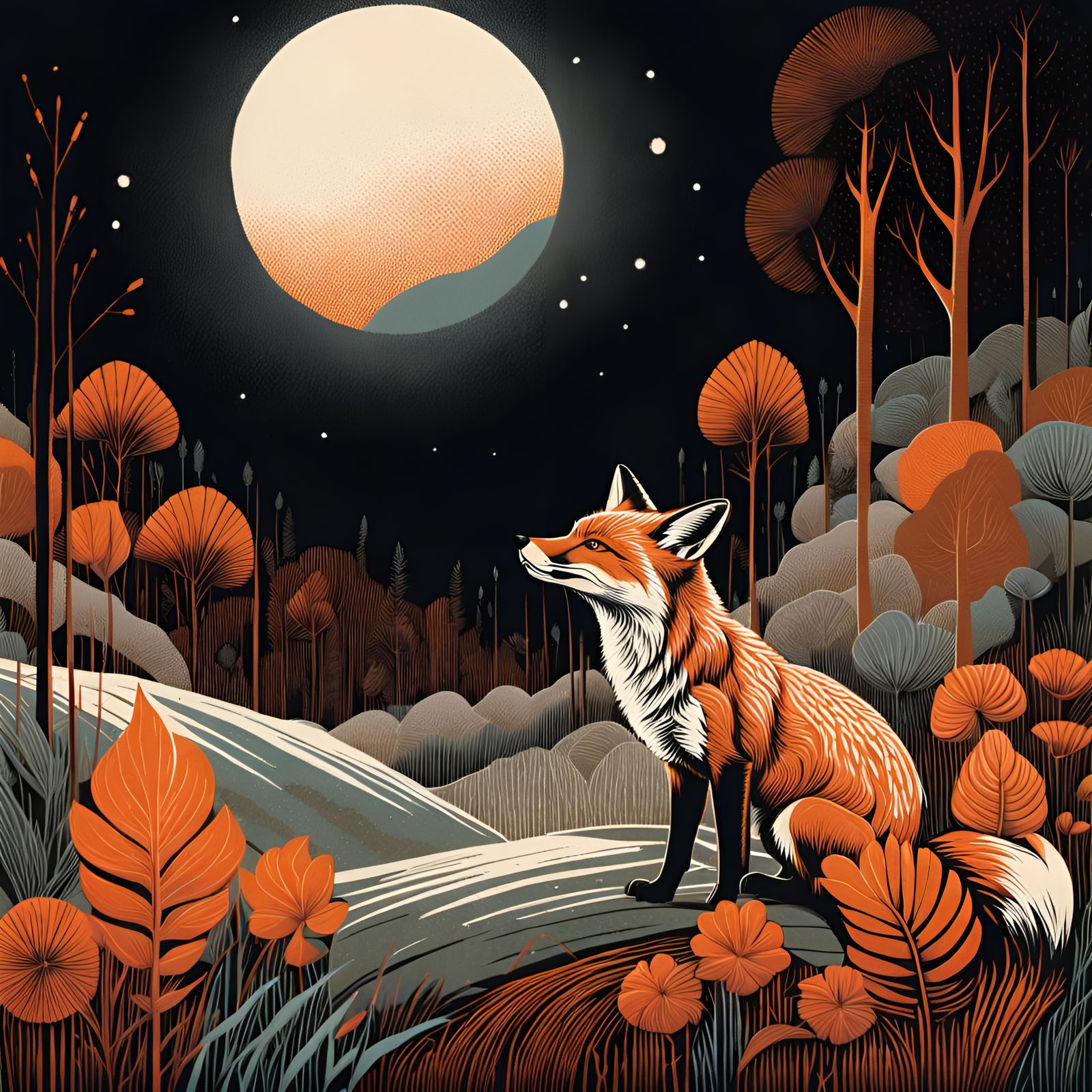 Fox in Linocut Print with Natural Background