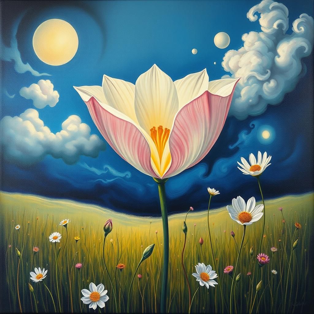 Surreal Windflower Unfolding in Meadow: Dali-esque Oil Canva...