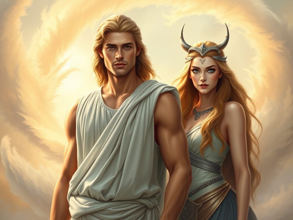 Apollo and Norse Goddess in Ethereal Realm