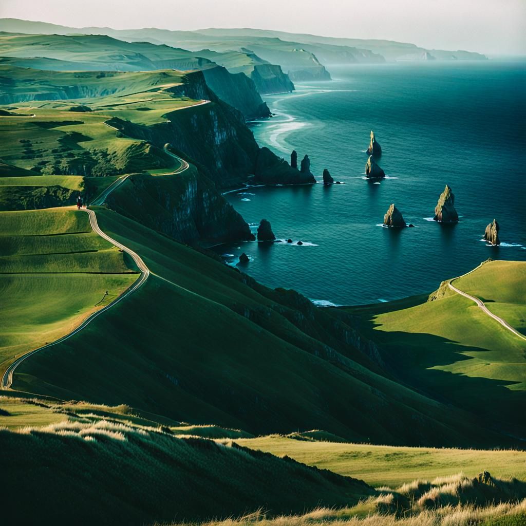 Gaia: Coastal Landscape with Rolling Hills in Cinematic Styl...