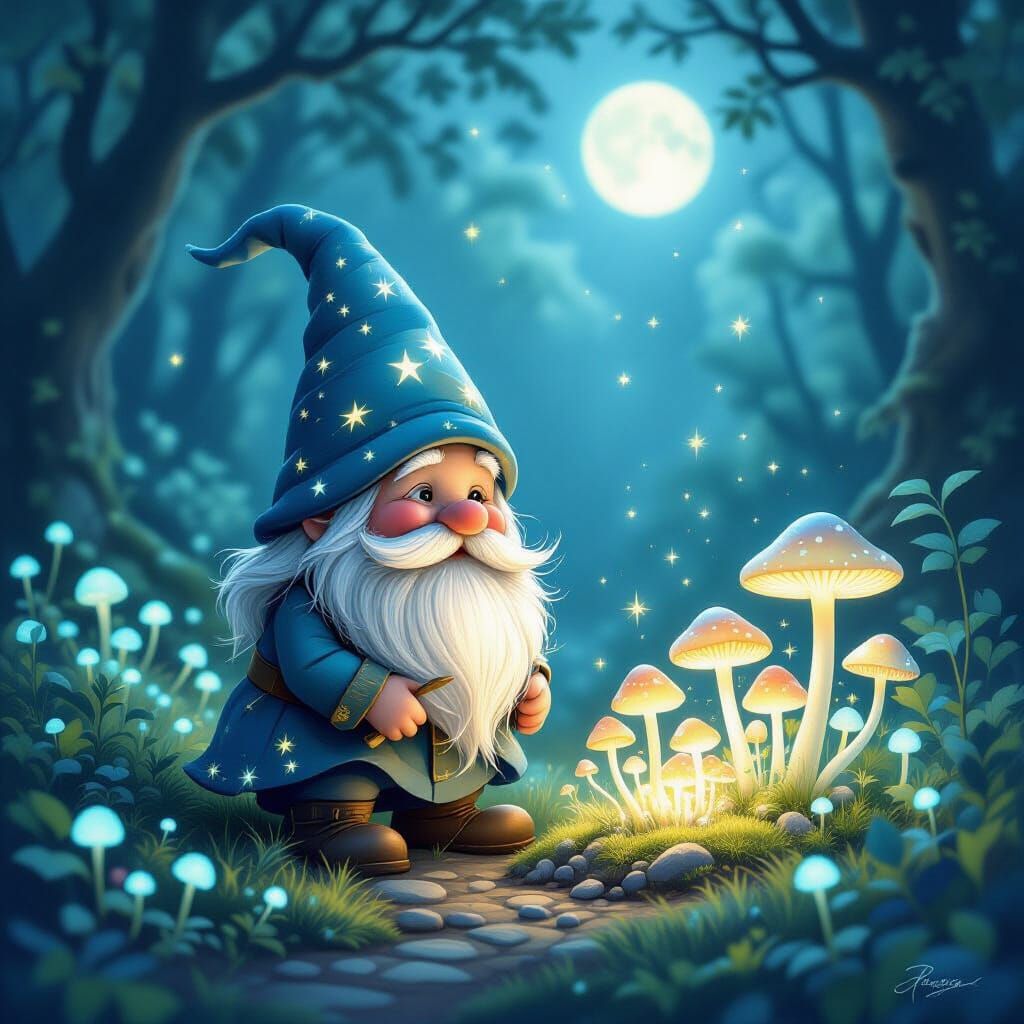 Starlight Gnome Tends Bioluminescent Garden in Ethereal Fore...