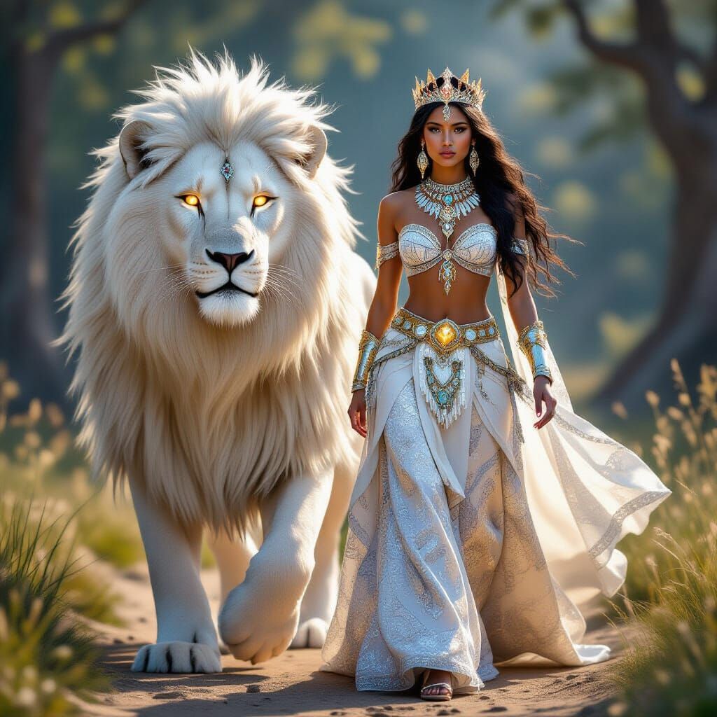 Radiant Queen and White Lion in Fantasy Portrait