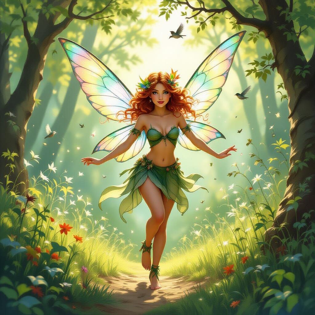Mischievous Pixie Dances in Sun-Dappled Glade