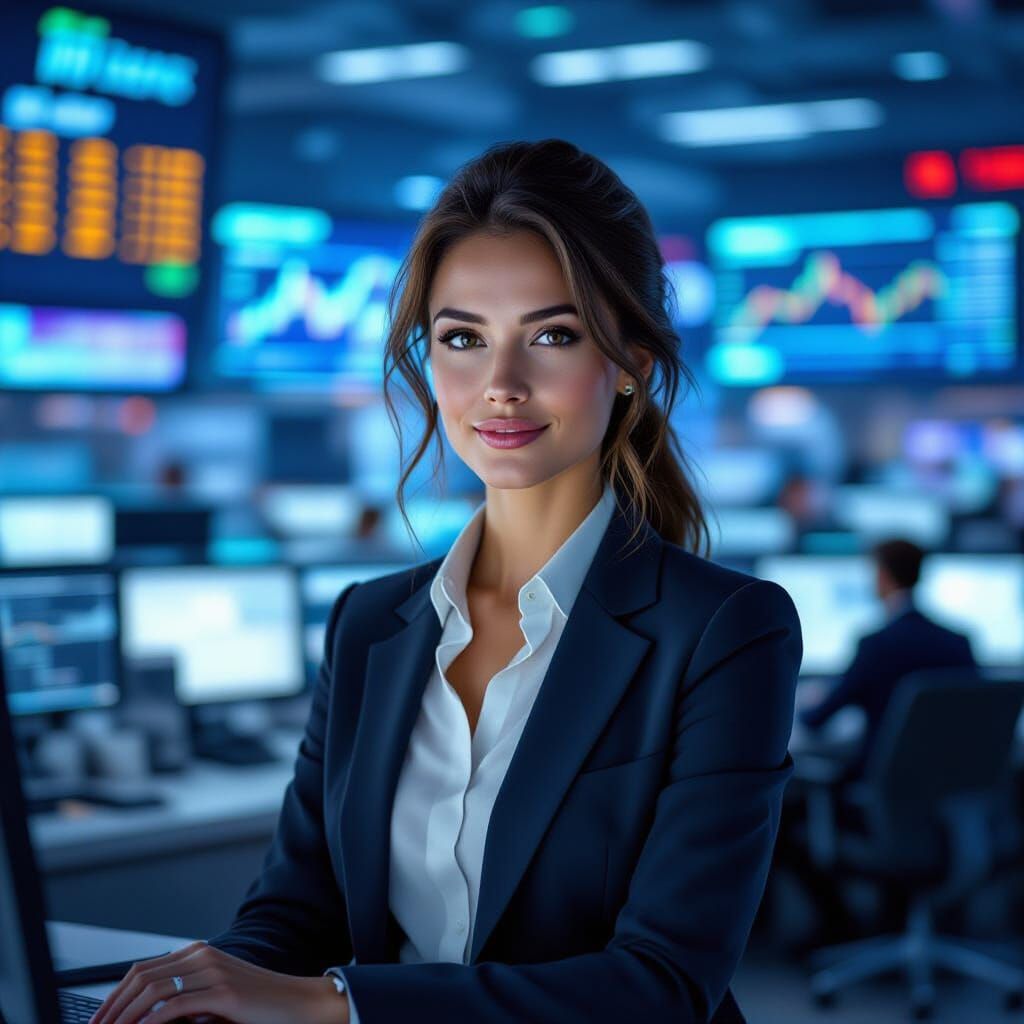 Professional Woman in Bank: Matte Painting Style