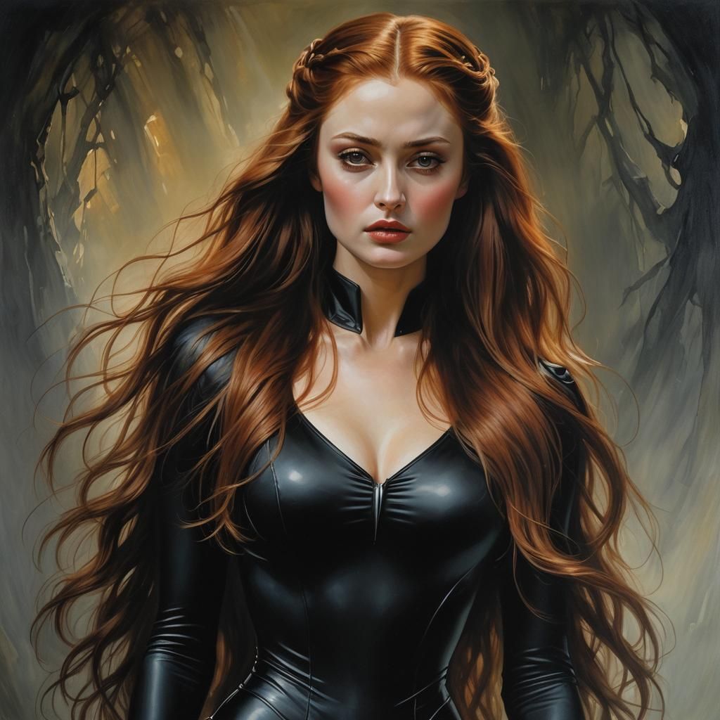 Sansa Stark, black bodysuit, long red hair