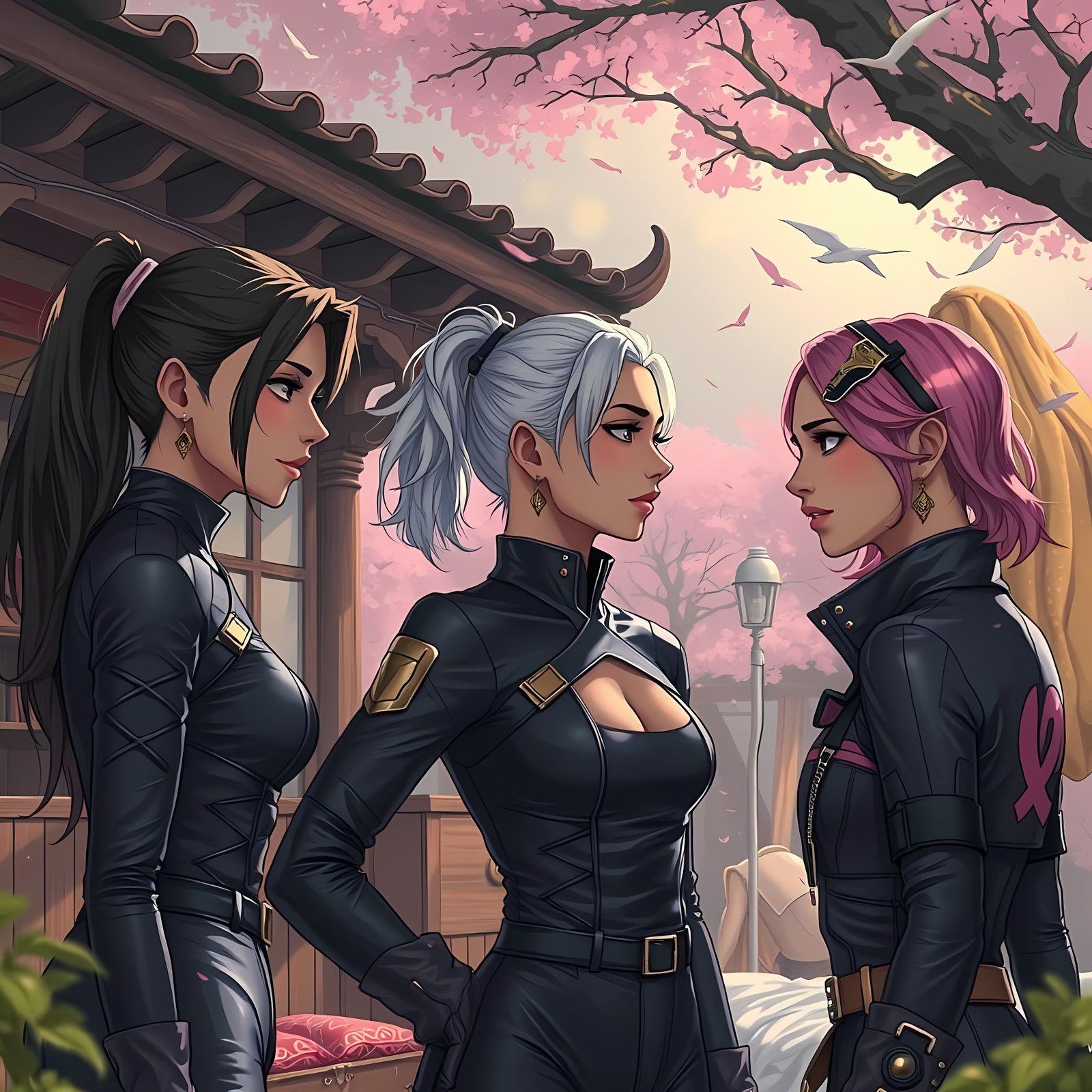 Three Women in Anime Style, Inspired by Japanese Animation