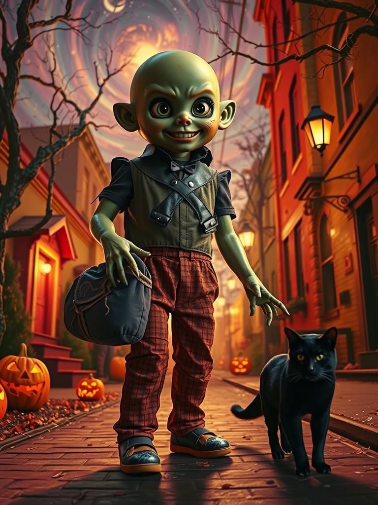 Eerie Cursed Doll Monster in Haunted Cityscape