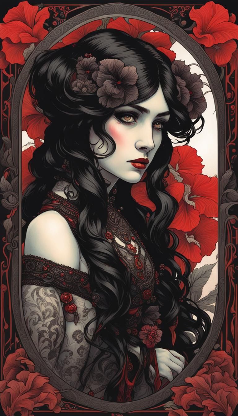 Gothic Girl in Victorian Dress, Art Nouveau Charcoal