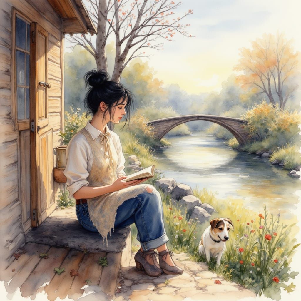 Woman Reading by River in Watercolor Style