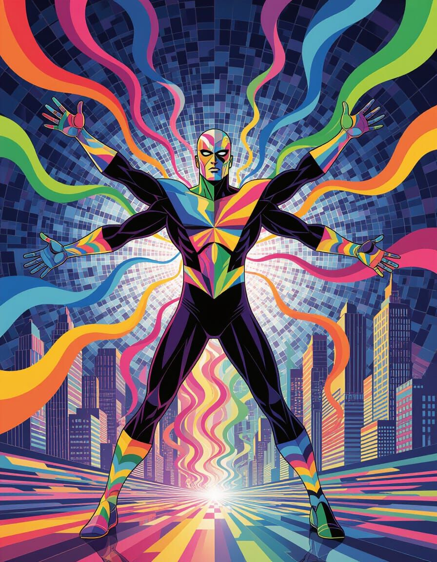 Elastico's Rainbow Ribbon Form in Kaleidoscopic Cityscape